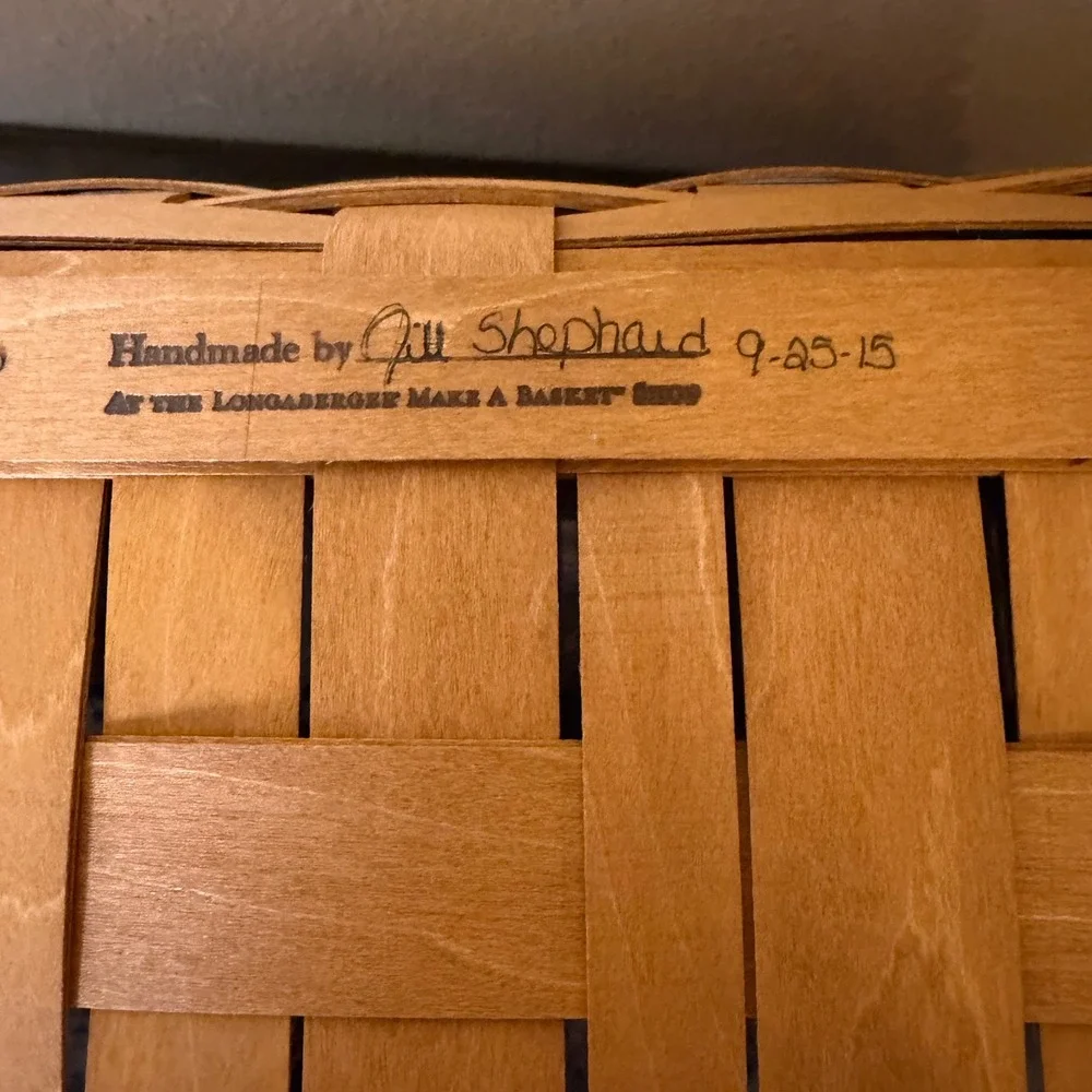 Longaberger Woven Wood Basket Leather Blue Handles Plastic Liner 17
